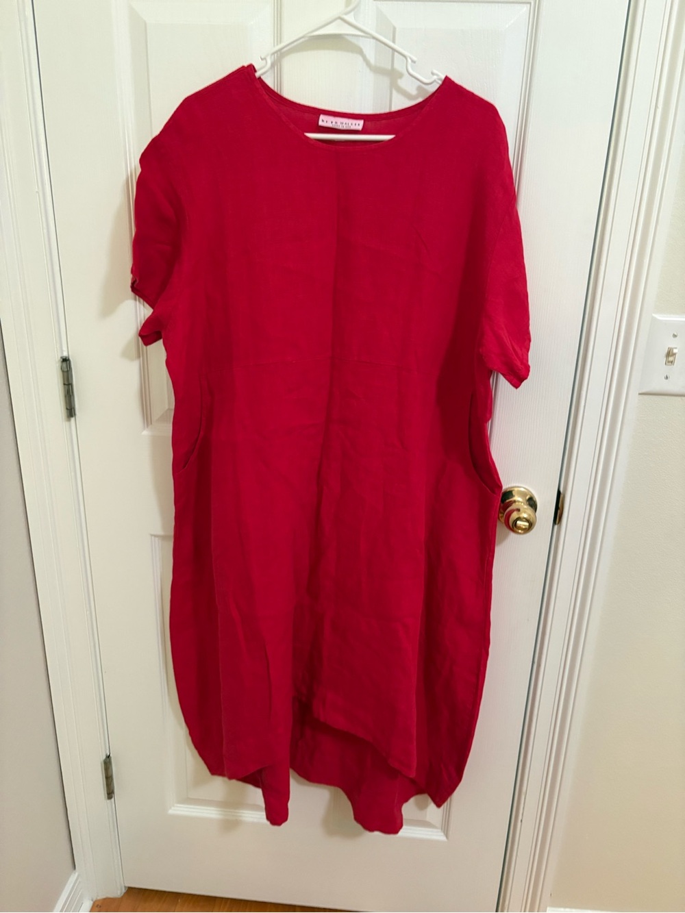 Bryn Walker Linen Dress L Red Oversized Lagenlook Pockets Made USA Midi